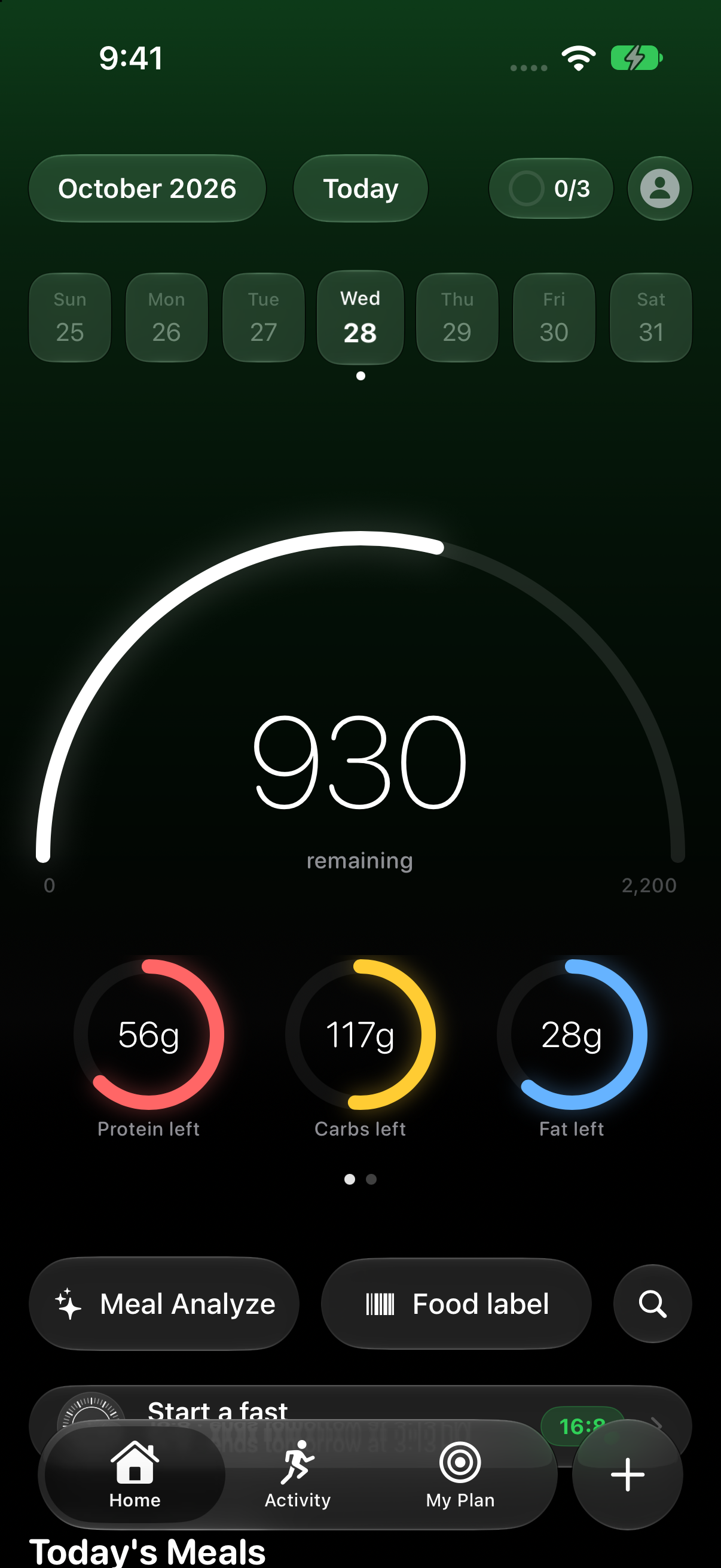 Your daily food log — actual COR app screen with sample data