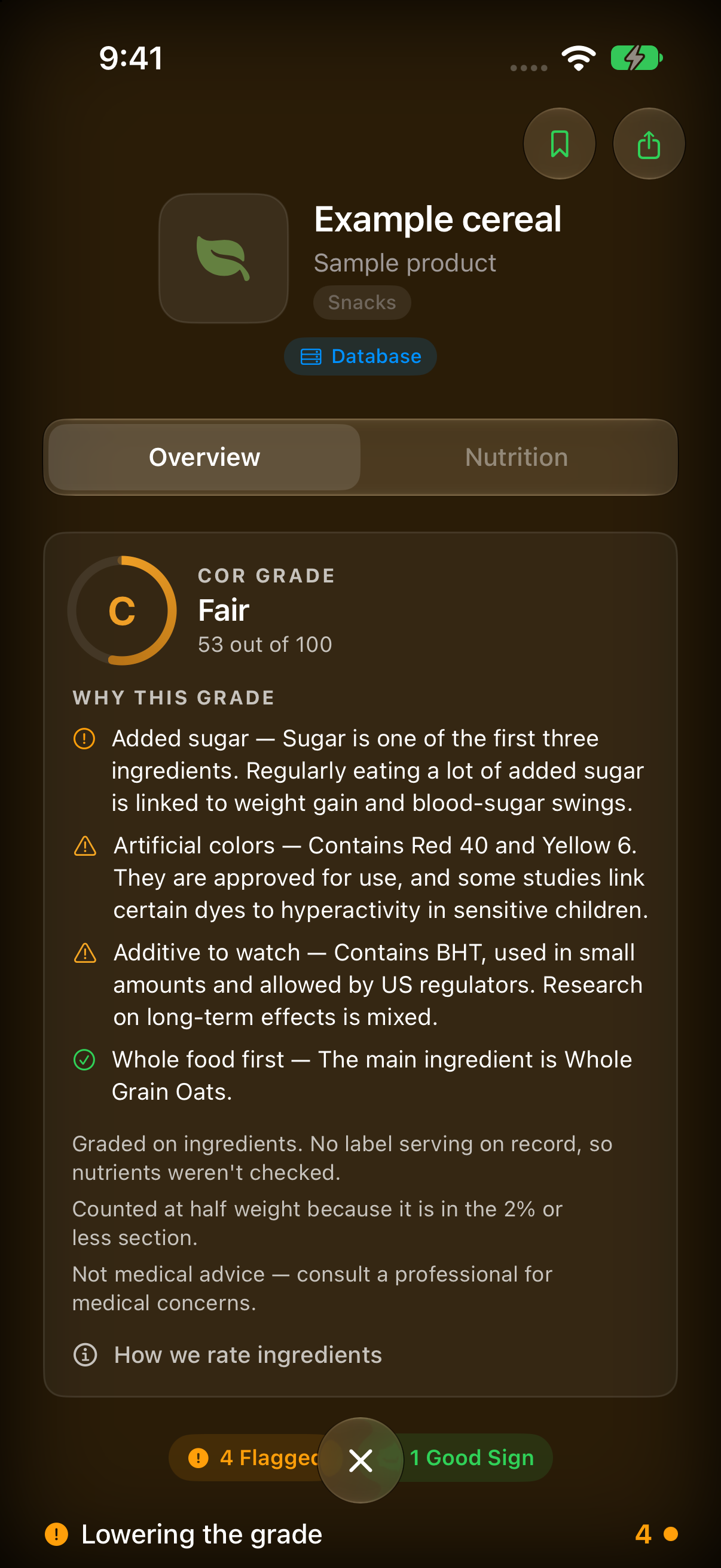 COR’s real ingredient details screen