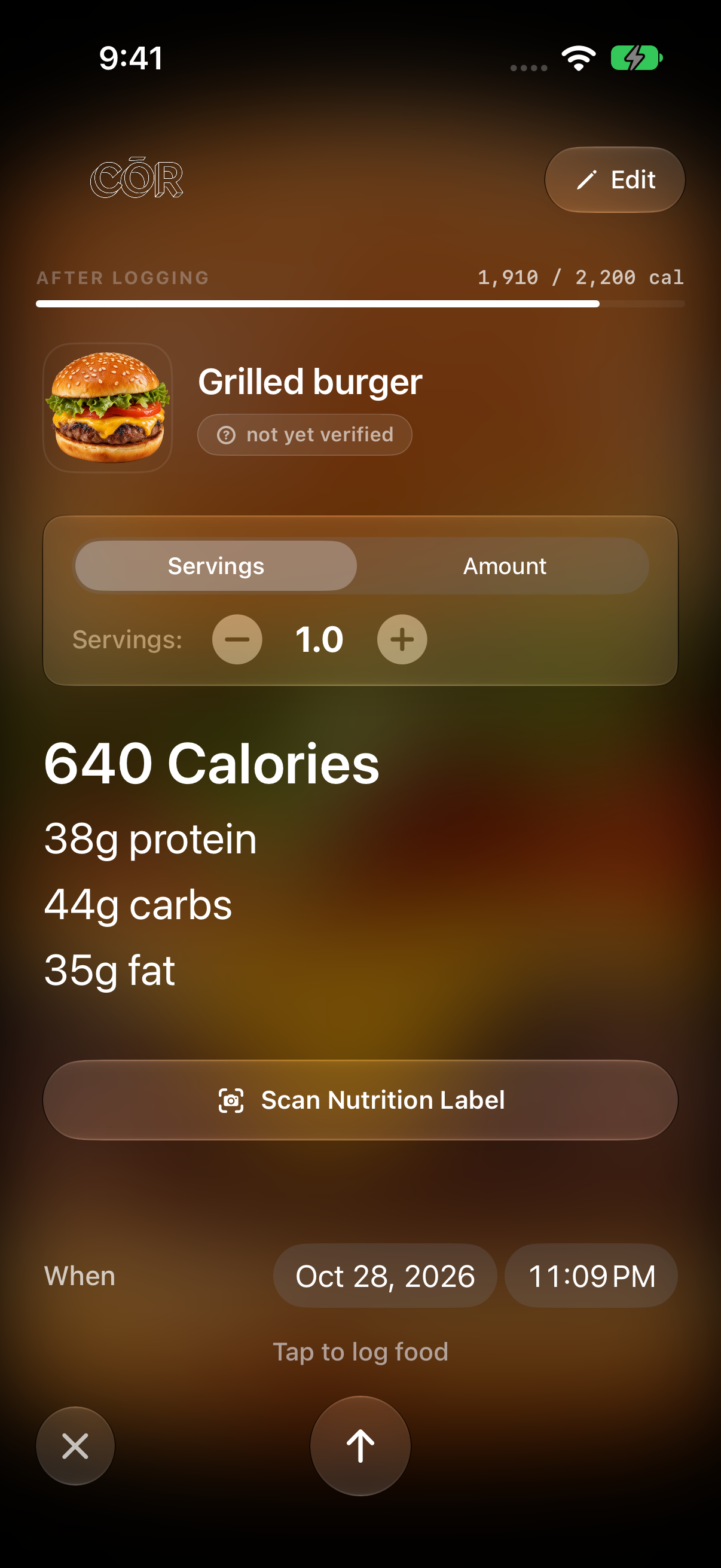 Editable meal nutrition result — actual COR app screen with sample data