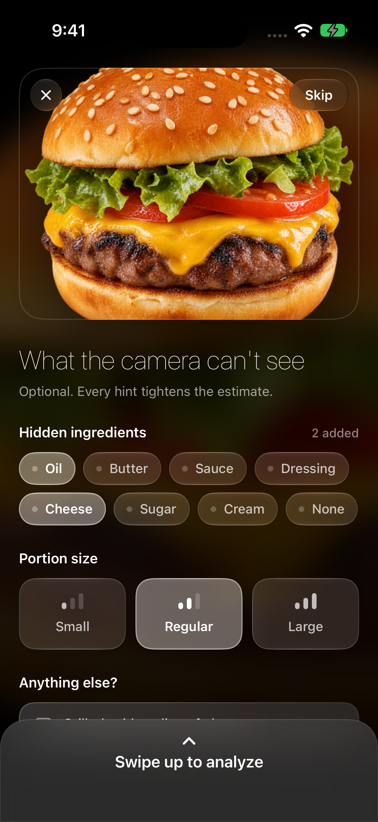 Hidden ingredients and portion questions — actual COR app screen with sample data